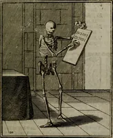 An illustration from De kapelle der dooden, of de algemeene dooden-spiegel. In welken alle menschen, van wat staat of rang zy zyn mogen, zich tot hun nut konnen beschouwen; om indagtig te zyn het memento mori, of gedenkt to sterven .. (1741)