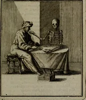 An illustration from De kapelle der dooden, of de algemeene dooden-spiegel. In welken alle menschen, van wat staat of rang zy zyn mogen, zich tot hun nut konnen beschouwen; om indagtig te zyn het memento mori, of gedenkt to sterven .. (1741)