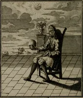 An illustration from De kapelle der dooden, of de algemeene dooden-spiegel. In welken alle menschen, van wat staat of rang zy zyn mogen, zich tot hun nut konnen beschouwen; om indagtig te zyn het memento mori, of gedenkt to sterven .. (1741)