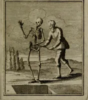 An illustration from De kapelle der dooden, of de algemeene dooden-spiegel. In welken alle menschen, van wat staat of rang zy zyn mogen, zich tot hun nut konnen beschouwen; om indagtig te zyn het memento mori, of gedenkt to sterven .. (1741)