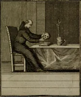 An illustration from De kapelle der dooden, of de algemeene dooden-spiegel. In welken alle menschen, van wat staat of rang zy zyn mogen, zich tot hun nut konnen beschouwen; om indagtig te zyn het memento mori, of gedenkt to sterven .. (1741)