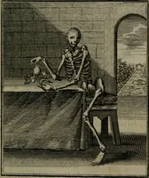 An illustration from De kapelle der dooden, of de algemeene dooden-spiegel. In welken alle menschen, van wat staat of rang zy zyn mogen, zich tot hun nut konnen beschouwen; om indagtig te zyn het memento mori, of gedenkt to sterven .. (1741)