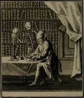 An illustration from De kapelle der dooden, of de algemeene dooden-spiegel. In welken alle menschen, van wat staat of rang zy zyn mogen, zich tot hun nut konnen beschouwen; om indagtig te zyn het memento mori, of gedenkt to sterven .. (1741)