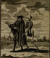 An illustration from De kapelle der dooden, of de algemeene dooden-spiegel. In welken alle menschen, van wat staat of rang zy zyn mogen, zich tot hun nut konnen beschouwen; om indagtig te zyn het memento mori, of gedenkt to sterven .. (1741)