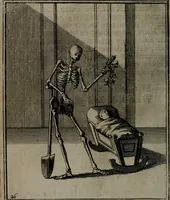 An illustration from De kapelle der dooden, of, De algemeene doodenspiegel : in welken all menschen, van wat staat of rang zy zyn mogen, zich tot hun nut konnen beschouwen : om indagtig ti zyn het memento mori, gedenkt te sterven ... (1737)