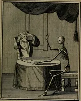 An illustration from De kapelle der dooden, of, De algemeene doodenspiegel : in welken all menschen, van wat staat of rang zy zyn mogen, zich tot hun nut konnen beschouwen : om indagtig ti zyn het memento mori, gedenkt te sterven ... (1737)