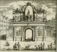 An illustration from De konincklycke triumphe : vertoonende alle de eerpoorten, met desselfs besondere sinne-beelden, en hare beschryvinge, ten getale van in de 60, opgerecht in s' Gravenhage 1691 ter eere van Willem de III koningh van Groot Brittanjen (1691)