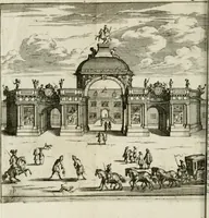 An illustration from De konincklycke triumphe : vertoonende alle de eerpoorten, met desselfs besondere sinne-beelden, en hare beschryvinge, ten getale van in de 60, opgerecht in s' Gravenhage 1691 ter eere van Willem de III koningh van Groot Brittanjen (1691)