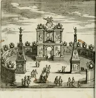 An illustration from De konincklycke triumphe : vertoonende alle de eerpoorten, met desselfs besondere sinne-beelden, en hare beschryvinge, ten getale van in de 60, opgerecht in s' Gravenhage 1691 ter eere van Willem de III koningh van Groot Brittanjen (1691)