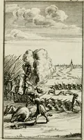 An illustration from De konincklycke triumphe : vertoonende alle de eerpoorten, met desselfs besondere sinne-beelden, en hare beschryvinge, ten getale van in de 60, opgerecht in s' Gravenhage 1691 ter eere van Willem de III koningh van Groot Brittanjen (1691)