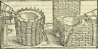 An illustration from De la pirotechnia : Libri X. doue ampiamente si tratta non solo di ogni sorte & diuersita di miniere, ma anchora quanto si ricerca intorno à la prattica di quelle cose di quel che si appartiene à l'arte de la fusione ouer gitto de metalli come d'ogni altra cosa simile à questa (1540)
