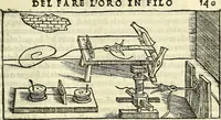 An illustration from De la pirotechnia : Libri X. doue ampiamente si tratta non solo di ogni sorte & diuersita di miniere, ma anchora quanto si ricerca intorno à la prattica di quelle cose di quel che si appartiene à l'arte de la fusione ouer gitto de metalli come d'ogni altra cosa simile à questa (1540)