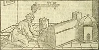 An illustration from De la pirotechnia : Libri X. doue ampiamente si tratta non solo di ogni sorte & diuersita di miniere, ma anchora quanto si ricerca intorno à la prattica di quelle cose di quel che si appartiene à l'arte de la fusione ouer gitto de metalli come d'ogni altra cosa simile à questa (1540)