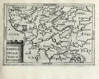 An illustration from Deliciae Italiae et index viatorius : indicans itinera ab vrbe Roma ad omnes in Italia, aliquas quoque extra Italiam civitates et oppida : quorum indicantur deliciae, sive quid in eorum singulis delicati, rari visuque digni sit : nempe templa ob structuram magnifica, delubra ob artem spectanda, palatia aedificiaque ob amplitudinem praeclara, picturae excellentium artificium, statuae eleganter sculptae, quicquid praeterea vbique in Italia, vel antiquitate rarum vel arte praeclarum est ... : huic libello visum fuit addere tabellas geographicas Italiae aliquarumque circa ipsam insularum ... (1603)
