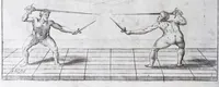 Picture 17 of 55 from Della vera pratica & scienza d'armi libri due : nel primo de quali si tratta li fondamenti della spada sola, le raggioni di spada e pugnale, & di spada e cappa : nel secondo, si dà regole per ferire il nemico subito posto mano alla spada, altre di cosi subita rissolutione con spada e pugnale, & altre ancora per ferire senza fermarsi con spada e pugnale : il tutto in questa seconda editione non solo descritto ma rappresentato alla vista da cento e nouantacinque figure di rame diligentissimamente intagliate (1624), leaf 100