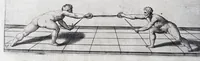 Picture 19 of 55 from Della vera pratica & scienza d'armi libri due : nel primo de quali si tratta li fondamenti della spada sola, le raggioni di spada e pugnale, & di spada e cappa : nel secondo, si dà regole per ferire il nemico subito posto mano alla spada, altre di cosi subita rissolutione con spada e pugnale, & altre ancora per ferire senza fermarsi con spada e pugnale : il tutto in questa seconda editione non solo descritto ma rappresentato alla vista da cento e nouantacinque figure di rame diligentissimamente intagliate (1624), leaf 108