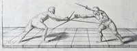Picture 25 of 55 from Della vera pratica & scienza d'armi libri due : nel primo de quali si tratta li fondamenti della spada sola, le raggioni di spada e pugnale, & di spada e cappa : nel secondo, si dà regole per ferire il nemico subito posto mano alla spada, altre di cosi subita rissolutione con spada e pugnale, & altre ancora per ferire senza fermarsi con spada e pugnale : il tutto in questa seconda editione non solo descritto ma rappresentato alla vista da cento e nouantacinque figure di rame diligentissimamente intagliate (1624), leaf 128