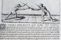 Picture 26 of 55 from Della vera pratica & scienza d'armi libri due : nel primo de quali si tratta li fondamenti della spada sola, le raggioni di spada e pugnale, & di spada e cappa : nel secondo, si dà regole per ferire il nemico subito posto mano alla spada, altre di cosi subita rissolutione con spada e pugnale, & altre ancora per ferire senza fermarsi con spada e pugnale : il tutto in questa seconda editione non solo descritto ma rappresentato alla vista da cento e nouantacinque figure di rame diligentissimamente intagliate (1624), leaf 131