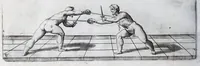 Picture 27 of 55 from Della vera pratica & scienza d'armi libri due : nel primo de quali si tratta li fondamenti della spada sola, le raggioni di spada e pugnale, & di spada e cappa : nel secondo, si dà regole per ferire il nemico subito posto mano alla spada, altre di cosi subita rissolutione con spada e pugnale, & altre ancora per ferire senza fermarsi con spada e pugnale : il tutto in questa seconda editione non solo descritto ma rappresentato alla vista da cento e nouantacinque figure di rame diligentissimamente intagliate (1624), leaf 136