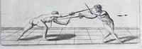 Picture 28 of 55 from Della vera pratica & scienza d'armi libri due : nel primo de quali si tratta li fondamenti della spada sola, le raggioni di spada e pugnale, & di spada e cappa : nel secondo, si dà regole per ferire il nemico subito posto mano alla spada, altre di cosi subita rissolutione con spada e pugnale, & altre ancora per ferire senza fermarsi con spada e pugnale : il tutto in questa seconda editione non solo descritto ma rappresentato alla vista da cento e nouantacinque figure di rame diligentissimamente intagliate (1624), leaf 139