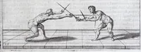 Picture 31 of 55 from Della vera pratica & scienza d'armi libri due : nel primo de quali si tratta li fondamenti della spada sola, le raggioni di spada e pugnale, & di spada e cappa : nel secondo, si dà regole per ferire il nemico subito posto mano alla spada, altre di cosi subita rissolutione con spada e pugnale, & altre ancora per ferire senza fermarsi con spada e pugnale : il tutto in questa seconda editione non solo descritto ma rappresentato alla vista da cento e nouantacinque figure di rame diligentissimamente intagliate (1624), leaf 147