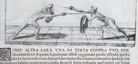 Picture 33 of 55 from Della vera pratica & scienza d'armi libri due : nel primo de quali si tratta li fondamenti della spada sola, le raggioni di spada e pugnale, & di spada e cappa : nel secondo, si dà regole per ferire il nemico subito posto mano alla spada, altre di cosi subita rissolutione con spada e pugnale, & altre ancora per ferire senza fermarsi con spada e pugnale : il tutto in questa seconda editione non solo descritto ma rappresentato alla vista da cento e nouantacinque figure di rame diligentissimamente intagliate (1624), leaf 157