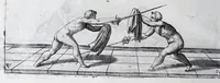 Picture 34 of 55 from Della vera pratica & scienza d'armi libri due : nel primo de quali si tratta li fondamenti della spada sola, le raggioni di spada e pugnale, & di spada e cappa : nel secondo, si dà regole per ferire il nemico subito posto mano alla spada, altre di cosi subita rissolutione con spada e pugnale, & altre ancora per ferire senza fermarsi con spada e pugnale : il tutto in questa seconda editione non solo descritto ma rappresentato alla vista da cento e nouantacinque figure di rame diligentissimamente intagliate (1624), leaf 160