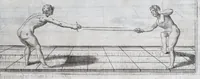 Picture 40 of 55 from Della vera pratica & scienza d'armi libri due : nel primo de quali si tratta li fondamenti della spada sola, le raggioni di spada e pugnale, & di spada e cappa : nel secondo, si dà regole per ferire il nemico subito posto mano alla spada, altre di cosi subita rissolutione con spada e pugnale, & altre ancora per ferire senza fermarsi con spada e pugnale : il tutto in questa seconda editione non solo descritto ma rappresentato alla vista da cento e nouantacinque figure di rame diligentissimamente intagliate (1624), leaf 197