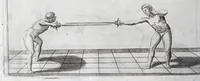 Picture 41 of 55 from Della vera pratica & scienza d'armi libri due : nel primo de quali si tratta li fondamenti della spada sola, le raggioni di spada e pugnale, & di spada e cappa : nel secondo, si dà regole per ferire il nemico subito posto mano alla spada, altre di cosi subita rissolutione con spada e pugnale, & altre ancora per ferire senza fermarsi con spada e pugnale : il tutto in questa seconda editione non solo descritto ma rappresentato alla vista da cento e nouantacinque figure di rame diligentissimamente intagliate (1624), leaf 200