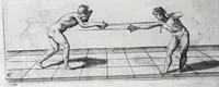 Picture 42 of 55 from Della vera pratica & scienza d'armi libri due : nel primo de quali si tratta li fondamenti della spada sola, le raggioni di spada e pugnale, & di spada e cappa : nel secondo, si dà regole per ferire il nemico subito posto mano alla spada, altre di cosi subita rissolutione con spada e pugnale, & altre ancora per ferire senza fermarsi con spada e pugnale : il tutto in questa seconda editione non solo descritto ma rappresentato alla vista da cento e nouantacinque figure di rame diligentissimamente intagliate (1624), leaf 202