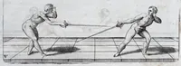 Picture 43 of 55 from Della vera pratica & scienza d'armi libri due : nel primo de quali si tratta li fondamenti della spada sola, le raggioni di spada e pugnale, & di spada e cappa : nel secondo, si dà regole per ferire il nemico subito posto mano alla spada, altre di cosi subita rissolutione con spada e pugnale, & altre ancora per ferire senza fermarsi con spada e pugnale : il tutto in questa seconda editione non solo descritto ma rappresentato alla vista da cento e nouantacinque figure di rame diligentissimamente intagliate (1624), leaf 217