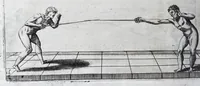 Picture 44 of 55 from Della vera pratica & scienza d'armi libri due : nel primo de quali si tratta li fondamenti della spada sola, le raggioni di spada e pugnale, & di spada e cappa : nel secondo, si dà regole per ferire il nemico subito posto mano alla spada, altre di cosi subita rissolutione con spada e pugnale, & altre ancora per ferire senza fermarsi con spada e pugnale : il tutto in questa seconda editione non solo descritto ma rappresentato alla vista da cento e nouantacinque figure di rame diligentissimamente intagliate (1624), leaf 222