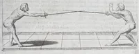 Picture 45 of 55 from Della vera pratica & scienza d'armi libri due : nel primo de quali si tratta li fondamenti della spada sola, le raggioni di spada e pugnale, & di spada e cappa : nel secondo, si dà regole per ferire il nemico subito posto mano alla spada, altre di cosi subita rissolutione con spada e pugnale, & altre ancora per ferire senza fermarsi con spada e pugnale : il tutto in questa seconda editione non solo descritto ma rappresentato alla vista da cento e nouantacinque figure di rame diligentissimamente intagliate (1624), leaf 225