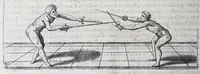 Picture 46 of 55 from Della vera pratica & scienza d'armi libri due : nel primo de quali si tratta li fondamenti della spada sola, le raggioni di spada e pugnale, & di spada e cappa : nel secondo, si dà regole per ferire il nemico subito posto mano alla spada, altre di cosi subita rissolutione con spada e pugnale, & altre ancora per ferire senza fermarsi con spada e pugnale : il tutto in questa seconda editione non solo descritto ma rappresentato alla vista da cento e nouantacinque figure di rame diligentissimamente intagliate (1624), leaf 234