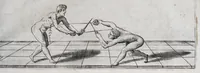 Picture 48 of 55 from Della vera pratica & scienza d'armi libri due : nel primo de quali si tratta li fondamenti della spada sola, le raggioni di spada e pugnale, & di spada e cappa : nel secondo, si dà regole per ferire il nemico subito posto mano alla spada, altre di cosi subita rissolutione con spada e pugnale, & altre ancora per ferire senza fermarsi con spada e pugnale : il tutto in questa seconda editione non solo descritto ma rappresentato alla vista da cento e nouantacinque figure di rame diligentissimamente intagliate (1624), leaf 241