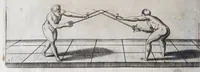 Picture 49 of 55 from Della vera pratica & scienza d'armi libri due : nel primo de quali si tratta li fondamenti della spada sola, le raggioni di spada e pugnale, & di spada e cappa : nel secondo, si dà regole per ferire il nemico subito posto mano alla spada, altre di cosi subita rissolutione con spada e pugnale, & altre ancora per ferire senza fermarsi con spada e pugnale : il tutto in questa seconda editione non solo descritto ma rappresentato alla vista da cento e nouantacinque figure di rame diligentissimamente intagliate (1624), leaf 244