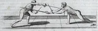Picture 50 of 55 from Della vera pratica & scienza d'armi libri due : nel primo de quali si tratta li fondamenti della spada sola, le raggioni di spada e pugnale, & di spada e cappa : nel secondo, si dà regole per ferire il nemico subito posto mano alla spada, altre di cosi subita rissolutione con spada e pugnale, & altre ancora per ferire senza fermarsi con spada e pugnale : il tutto in questa seconda editione non solo descritto ma rappresentato alla vista da cento e nouantacinque figure di rame diligentissimamente intagliate (1624), leaf 247