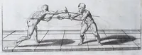 Picture 52 of 55 from Della vera pratica & scienza d'armi libri due : nel primo de quali si tratta li fondamenti della spada sola, le raggioni di spada e pugnale, & di spada e cappa : nel secondo, si dà regole per ferire il nemico subito posto mano alla spada, altre di cosi subita rissolutione con spada e pugnale, & altre ancora per ferire senza fermarsi con spada e pugnale : il tutto in questa seconda editione non solo descritto ma rappresentato alla vista da cento e nouantacinque figure di rame diligentissimamente intagliate (1624), leaf 254