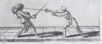 Picture 54 of 55 from Della vera pratica & scienza d'armi libri due : nel primo de quali si tratta li fondamenti della spada sola, le raggioni di spada e pugnale, & di spada e cappa : nel secondo, si dà regole per ferire il nemico subito posto mano alla spada, altre di cosi subita rissolutione con spada e pugnale, & altre ancora per ferire senza fermarsi con spada e pugnale : il tutto in questa seconda editione non solo descritto ma rappresentato alla vista da cento e nouantacinque figure di rame diligentissimamente intagliate (1624), leaf 263