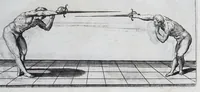 Picture 2 of 55 from Della vera pratica & scienza d'armi libri due : nel primo de quali si tratta li fondamenti della spada sola, le raggioni di spada e pugnale, & di spada e cappa : nel secondo, si dà regole per ferire il nemico subito posto mano alla spada, altre di cosi subita rissolutione con spada e pugnale, & altre ancora per ferire senza fermarsi con spada e pugnale : il tutto in questa seconda editione non solo descritto ma rappresentato alla vista da cento e nouantacinque figure di rame diligentissimamente intagliate (1624), leaf 43