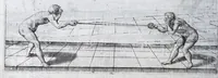 Picture 5 of 55 from Della vera pratica & scienza d'armi libri due : nel primo de quali si tratta li fondamenti della spada sola, le raggioni di spada e pugnale, & di spada e cappa : nel secondo, si dà regole per ferire il nemico subito posto mano alla spada, altre di cosi subita rissolutione con spada e pugnale, & altre ancora per ferire senza fermarsi con spada e pugnale : il tutto in questa seconda editione non solo descritto ma rappresentato alla vista da cento e nouantacinque figure di rame diligentissimamente intagliate (1624), leaf 56