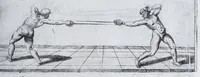 Picture 6 of 55 from Della vera pratica & scienza d'armi libri due : nel primo de quali si tratta li fondamenti della spada sola, le raggioni di spada e pugnale, & di spada e cappa : nel secondo, si dà regole per ferire il nemico subito posto mano alla spada, altre di cosi subita rissolutione con spada e pugnale, & altre ancora per ferire senza fermarsi con spada e pugnale : il tutto in questa seconda editione non solo descritto ma rappresentato alla vista da cento e nouantacinque figure di rame diligentissimamente intagliate (1624), leaf 59