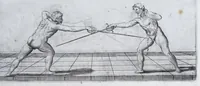 Picture 8 of 55 from Della vera pratica & scienza d'armi libri due : nel primo de quali si tratta li fondamenti della spada sola, le raggioni di spada e pugnale, & di spada e cappa : nel secondo, si dà regole per ferire il nemico subito posto mano alla spada, altre di cosi subita rissolutione con spada e pugnale, & altre ancora per ferire senza fermarsi con spada e pugnale : il tutto in questa seconda editione non solo descritto ma rappresentato alla vista da cento e nouantacinque figure di rame diligentissimamente intagliate (1624), leaf 65