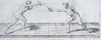 Picture 9 of 55 from Della vera pratica & scienza d'armi libri due : nel primo de quali si tratta li fondamenti della spada sola, le raggioni di spada e pugnale, & di spada e cappa : nel secondo, si dà regole per ferire il nemico subito posto mano alla spada, altre di cosi subita rissolutione con spada e pugnale, & altre ancora per ferire senza fermarsi con spada e pugnale : il tutto in questa seconda editione non solo descritto ma rappresentato alla vista da cento e nouantacinque figure di rame diligentissimamente intagliate (1624), leaf 67
