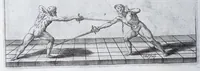 Picture 10 of 55 from Della vera pratica & scienza d'armi libri due : nel primo de quali si tratta li fondamenti della spada sola, le raggioni di spada e pugnale, & di spada e cappa : nel secondo, si dà regole per ferire il nemico subito posto mano alla spada, altre di cosi subita rissolutione con spada e pugnale, & altre ancora per ferire senza fermarsi con spada e pugnale : il tutto in questa seconda editione non solo descritto ma rappresentato alla vista da cento e nouantacinque figure di rame diligentissimamente intagliate (1624), leaf 70