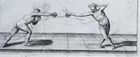 Picture 11 of 55 from Della vera pratica & scienza d'armi libri due : nel primo de quali si tratta li fondamenti della spada sola, le raggioni di spada e pugnale, & di spada e cappa : nel secondo, si dà regole per ferire il nemico subito posto mano alla spada, altre di cosi subita rissolutione con spada e pugnale, & altre ancora per ferire senza fermarsi con spada e pugnale : il tutto in questa seconda editione non solo descritto ma rappresentato alla vista da cento e nouantacinque figure di rame diligentissimamente intagliate (1624), leaf 73