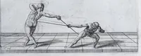 Picture 12 of 55 from Della vera pratica & scienza d'armi libri due : nel primo de quali si tratta li fondamenti della spada sola, le raggioni di spada e pugnale, & di spada e cappa : nel secondo, si dà regole per ferire il nemico subito posto mano alla spada, altre di cosi subita rissolutione con spada e pugnale, & altre ancora per ferire senza fermarsi con spada e pugnale : il tutto in questa seconda editione non solo descritto ma rappresentato alla vista da cento e nouantacinque figure di rame diligentissimamente intagliate (1624), leaf 75