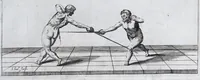 Picture 13 of 55 from Della vera pratica & scienza d'armi libri due : nel primo de quali si tratta li fondamenti della spada sola, le raggioni di spada e pugnale, & di spada e cappa : nel secondo, si dà regole per ferire il nemico subito posto mano alla spada, altre di cosi subita rissolutione con spada e pugnale, & altre ancora per ferire senza fermarsi con spada e pugnale : il tutto in questa seconda editione non solo descritto ma rappresentato alla vista da cento e nouantacinque figure di rame diligentissimamente intagliate (1624), leaf 81