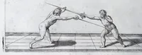 Picture 14 of 55 from Della vera pratica & scienza d'armi libri due : nel primo de quali si tratta li fondamenti della spada sola, le raggioni di spada e pugnale, & di spada e cappa : nel secondo, si dà regole per ferire il nemico subito posto mano alla spada, altre di cosi subita rissolutione con spada e pugnale, & altre ancora per ferire senza fermarsi con spada e pugnale : il tutto in questa seconda editione non solo descritto ma rappresentato alla vista da cento e nouantacinque figure di rame diligentissimamente intagliate (1624), leaf 84