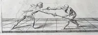 Picture 15 of 55 from Della vera pratica & scienza d'armi libri due : nel primo de quali si tratta li fondamenti della spada sola, le raggioni di spada e pugnale, & di spada e cappa : nel secondo, si dà regole per ferire il nemico subito posto mano alla spada, altre di cosi subita rissolutione con spada e pugnale, & altre ancora per ferire senza fermarsi con spada e pugnale : il tutto in questa seconda editione non solo descritto ma rappresentato alla vista da cento e nouantacinque figure di rame diligentissimamente intagliate (1624), leaf 86